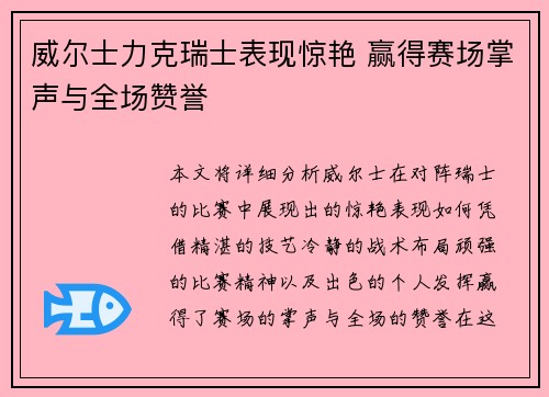 威尔士力克瑞士表现惊艳 赢得赛场掌声与全场赞誉