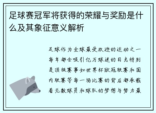 足球赛冠军将获得的荣耀与奖励是什么及其象征意义解析