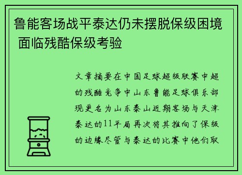 鲁能客场战平泰达仍未摆脱保级困境 面临残酷保级考验