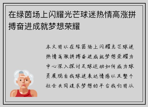 在绿茵场上闪耀光芒球迷热情高涨拼搏奋进成就梦想荣耀