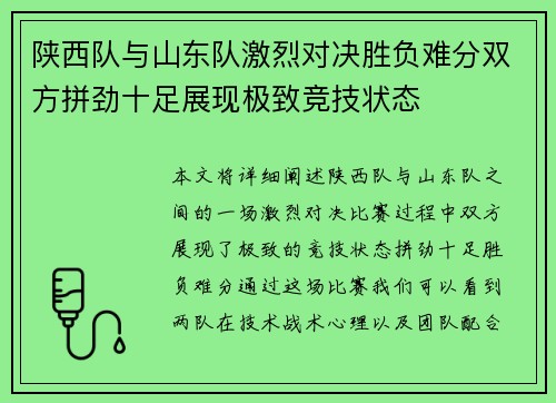 陕西队与山东队激烈对决胜负难分双方拼劲十足展现极致竞技状态
