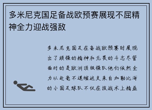 多米尼克国足备战欧预赛展现不屈精神全力迎战强敌